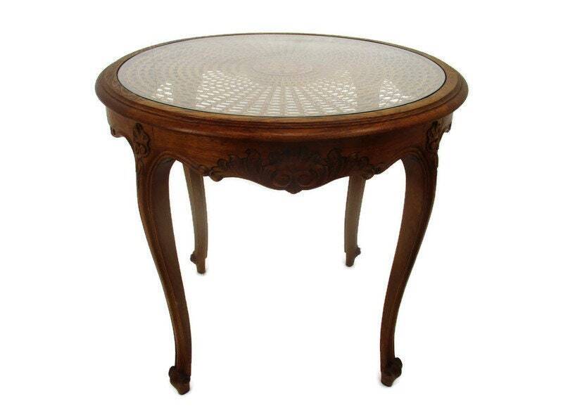 RESERVED ADA Vintage Round Hand Carved Wooden Oak Rattan Coffee Side Table Louis