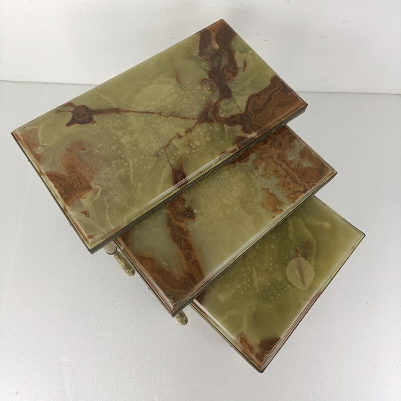 set of 3 nesting stacking tables Hollywood regency Ornate brass Fish Marble tops gallery