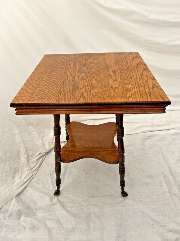 Antique Victorian Table bottom shelf Oak Carved legs Glass Ball Claw feet gallery