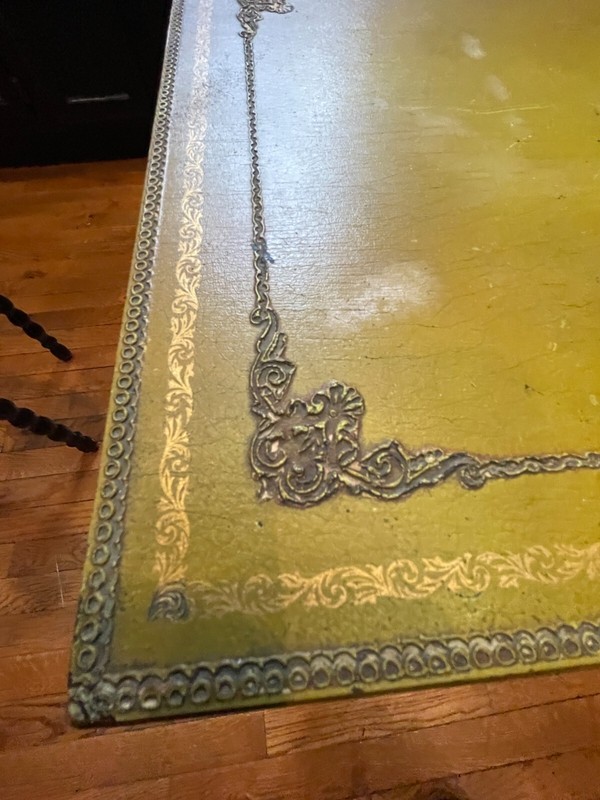 Leather Topped card side table 24 carot gold leaf tooling hand embossed blind gallery