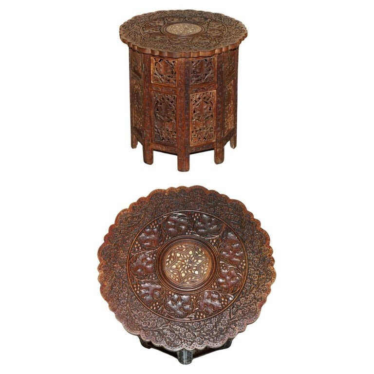 ANTIQUE LIBERTY’S VICTORIAN CIRCA 1880 INLAID SYRIAN HAND CARVED FOLDING TABLE