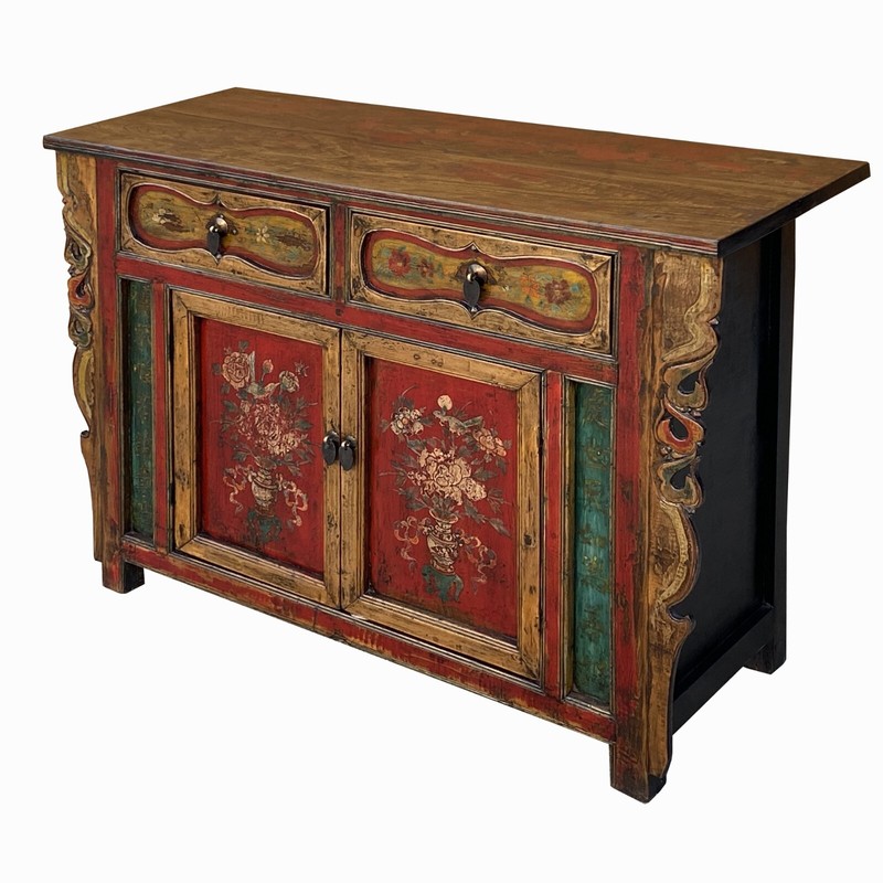 Chinese Distressed Mustard Yellow Red Flower Sideboard Credenza Cabinet cs7742 gallery