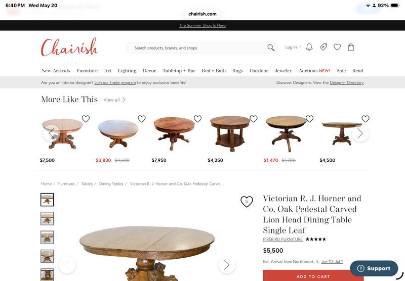 Victorian RJ Horner oak pedestal lion head table and chairs gallery