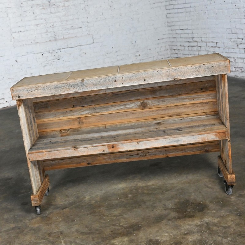 Rustic Distressed Wood Ceramic Top Bookshelf Console Table or Rolling Bar gallery
