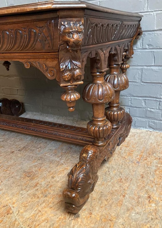 French Antique Renaissance Revival Walnut Desk/Library Table with Sea Serpents gallery
