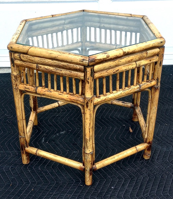 Vintage Mid Century Burnt Bamboo Brighton Style Side Table Glass Top gallery