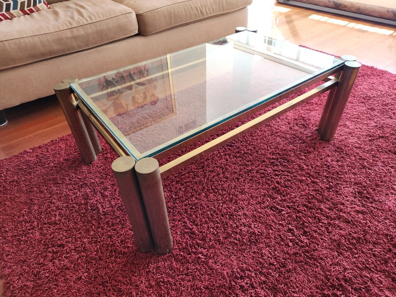 Vintage 1970s Hollywood Regency Double-Column Brass & Glass Coffee Table