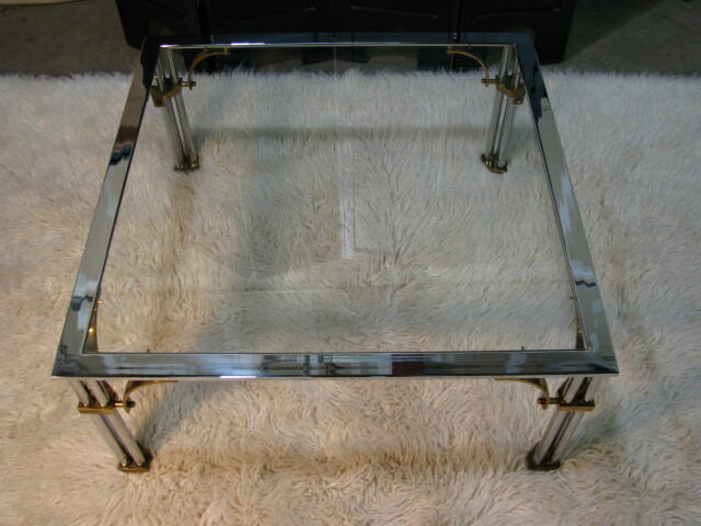 1980's Hollywood Regency Chrome, Glass & Brass Square Coffee Table gallery