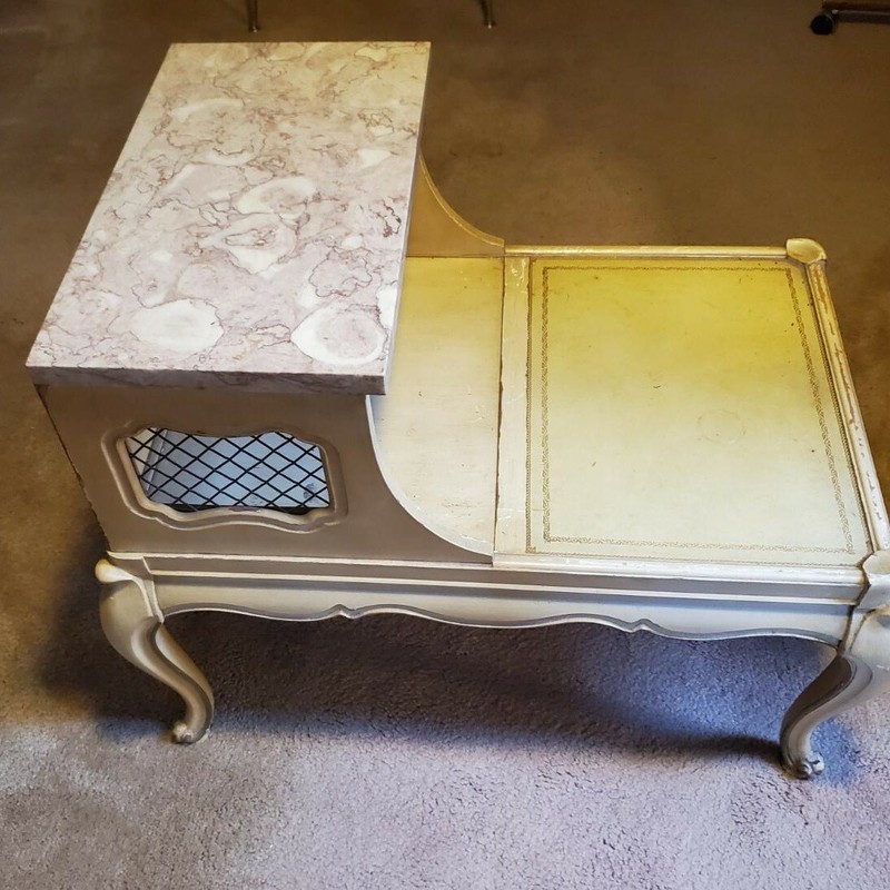 French Provincial Style 2 Tiered Step Side / End Table Marble Top Shabby Chic