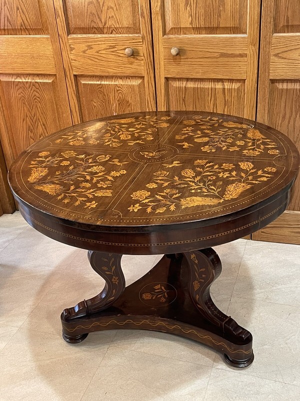 Antique Dutch Marquetry Inlaid Center Table Round Butterfly Hummingbird Flowers
