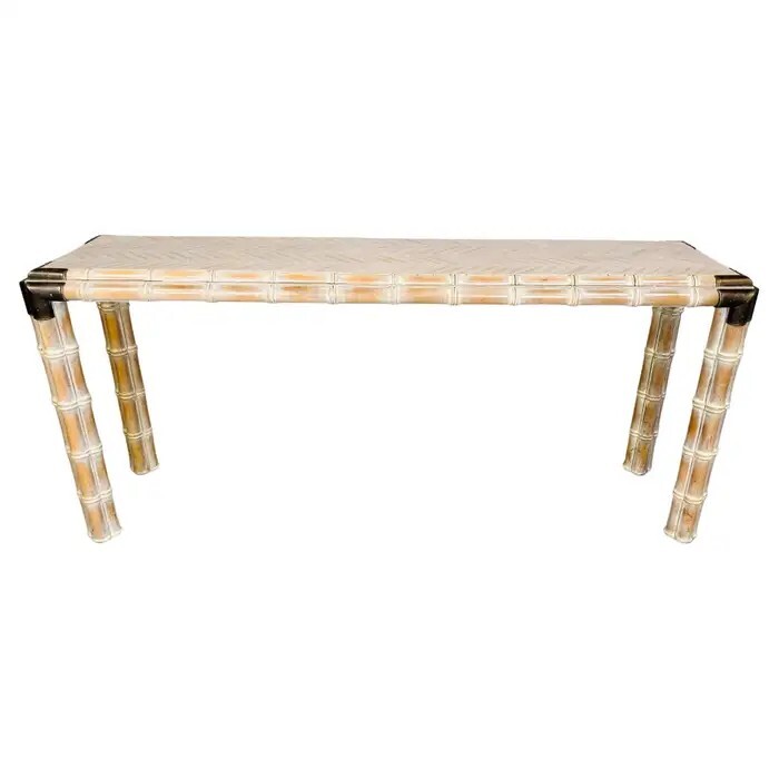 Hollywood Regency Faux Bamboo Console or Sofa Table With Brass Mounts Circa 1970
