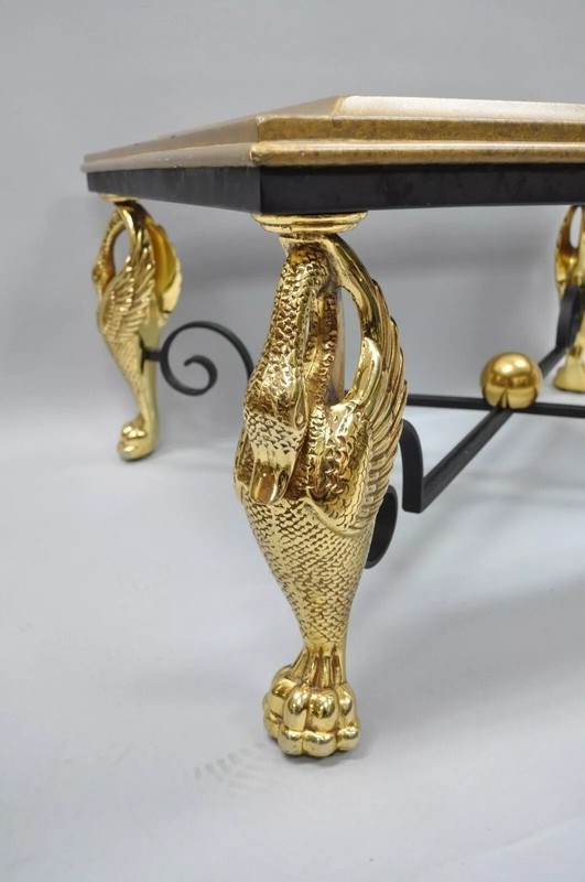 Regency Style Figural Swan Base Rectangular Iron and Glass Gold Coffee Table (A) gallery