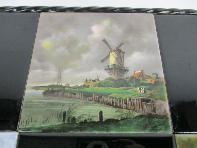 Vintage Side Table Plant stand Ceramic Tiles Wrought Iron Legs Farmlife scenes gallery