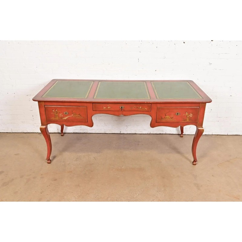 Baker Furniture French Regency Chinoiserie Red Lacquered Hand Painted Desk
