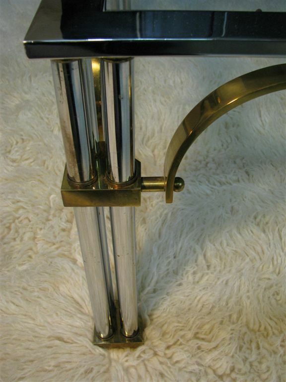 1980's Hollywood Regency Chrome, Glass & Brass Square Coffee Table gallery