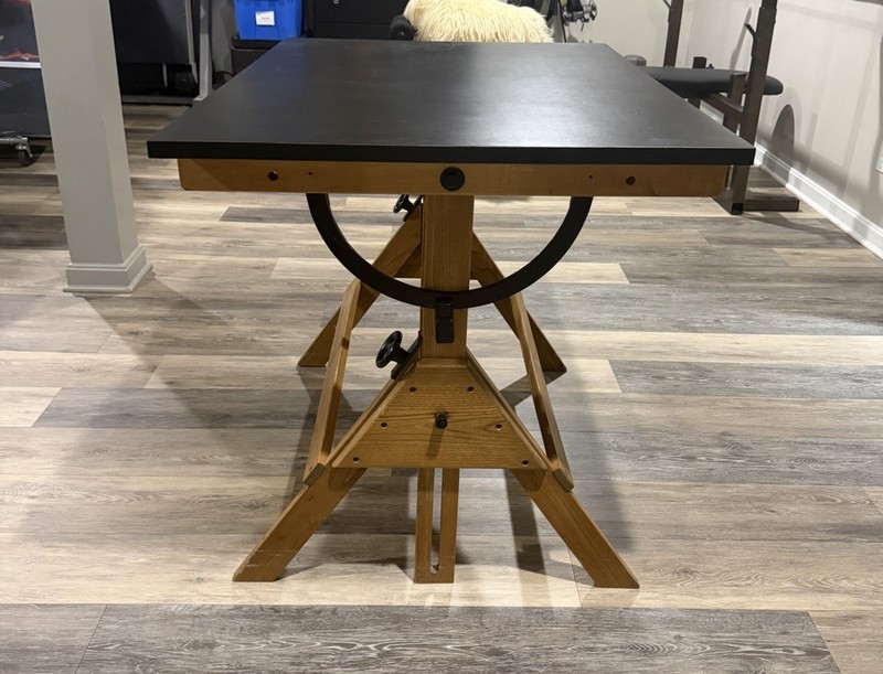 VINTAGE CAST IRON AND WOOD DRAFTING TABLE/DESK C.1950 41x32" rare Adjustable gallery