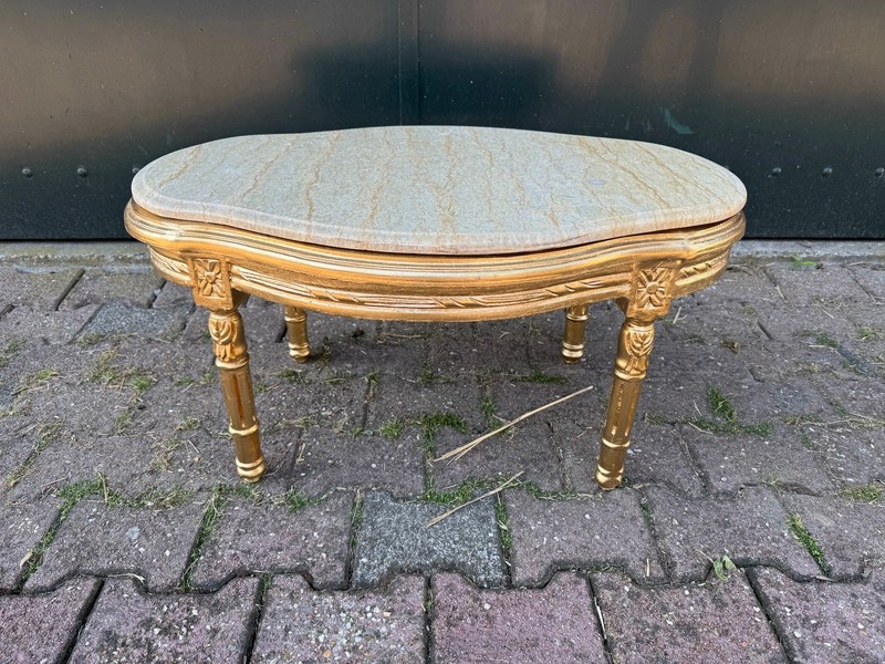 Table French Louis XVI 1950 Gold Beech Marble Oval Coffee Side Accent Table