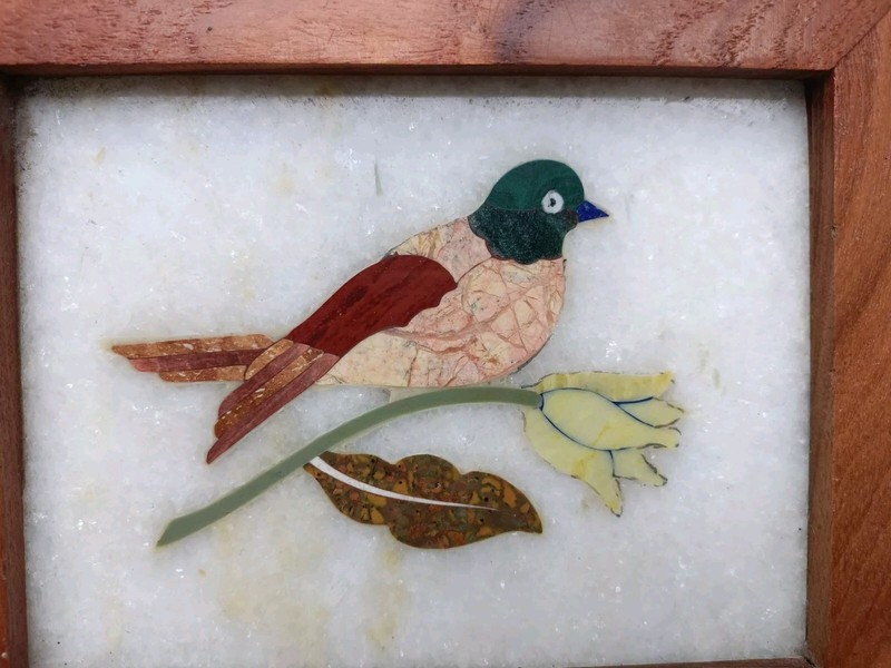 Handmade Colorful Bird Inlayed on Marble Pietra Dura Plaque Micro Mosaic #24 gallery