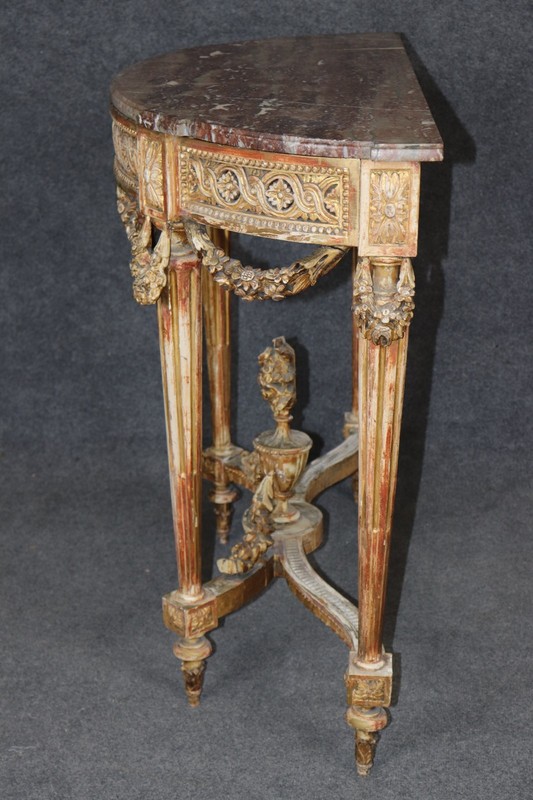 19th Century French Louis XVI Style Distressed Demilune Marble Top Console Table gallery