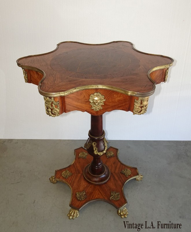 French Louis XVI Burl Marquetry Side Table Sun Burst Design w Brass Claw Feet
