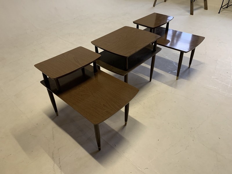 Mid Century Modern End Table Step Vintage 2 Tier Coffee Walnut Wood Tapered Legs gallery