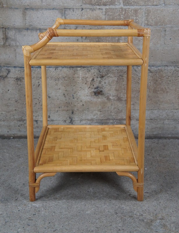 Vintage Bohemian Bamboo & Woven Rattan Etagere Side Table Plant Stand Boho Chic gallery