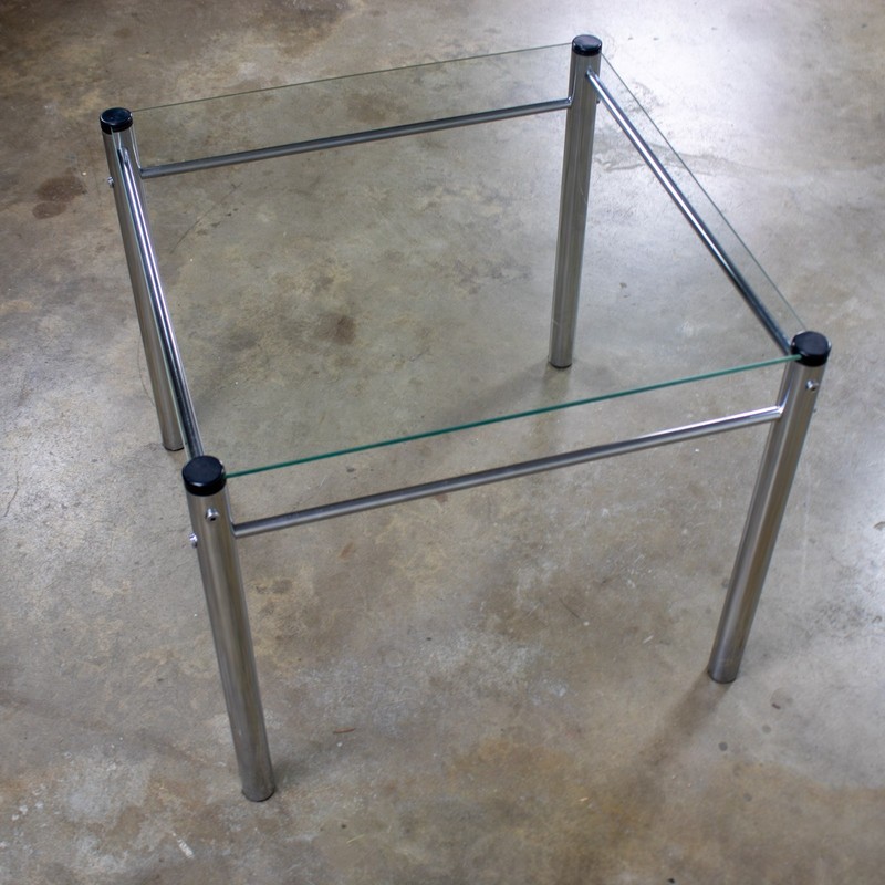 1970’s Modern Square End Side Table by James David Chrome Tube Frame Glass Top