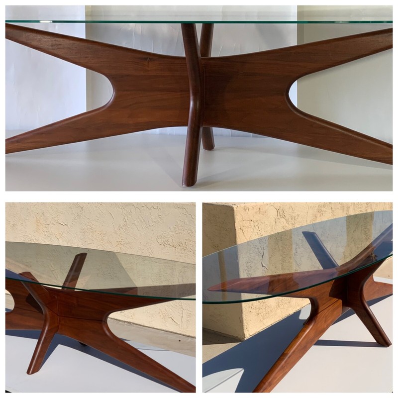 ADRIAN PEARSALL Mid-Century Walnut “JACKS” Coffee Table Original Base/Glass 59”