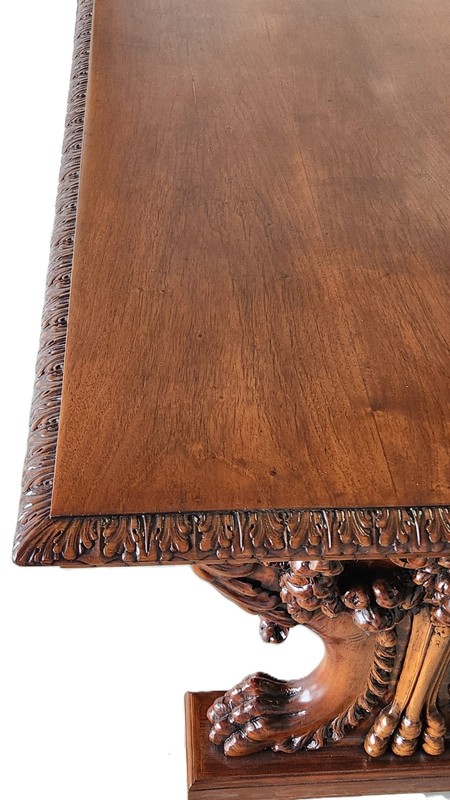 Library Table, Renaissance, Lions, Cherub, Carved Walnut, Century Furniture, 73" gallery