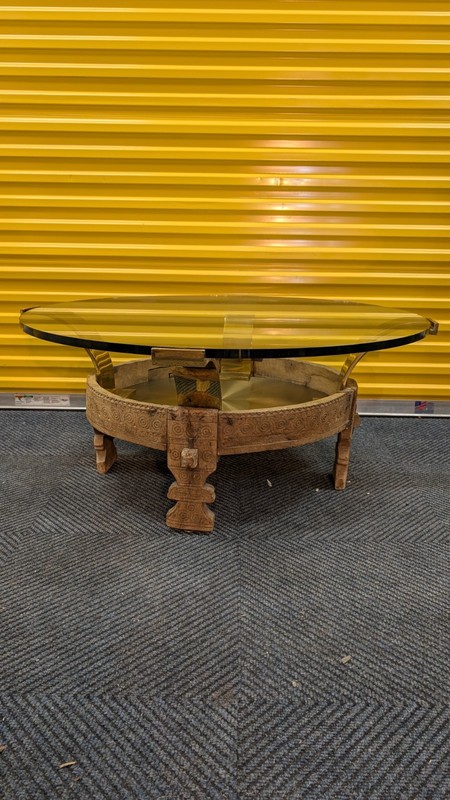 Tribal Indian Teak Chakki Grinding Table with Geometric Motifs and Glass top