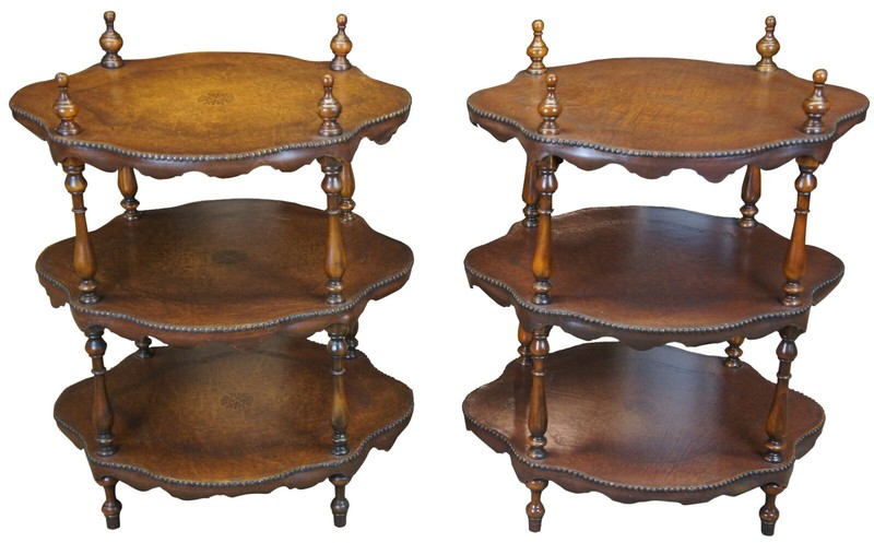 2 Theodore Alexander 3 Tier Leather Turtle Top & Nailhead Accent Side End Tables