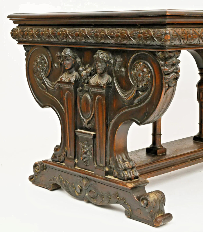 Antique Library Table, American, Figural, Floral Carved, Mahogany, Circa 1900s! gallery