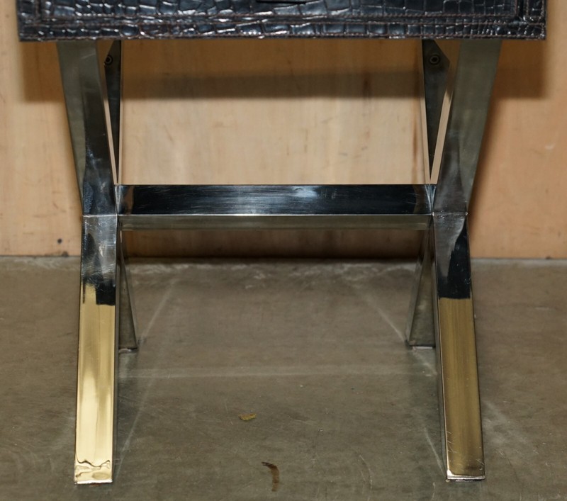 ANDREW MARTIN STYLE PAIR CHROME CROCODILE ALLIGATOR LEATHER PATINA SIDE TABLES gallery