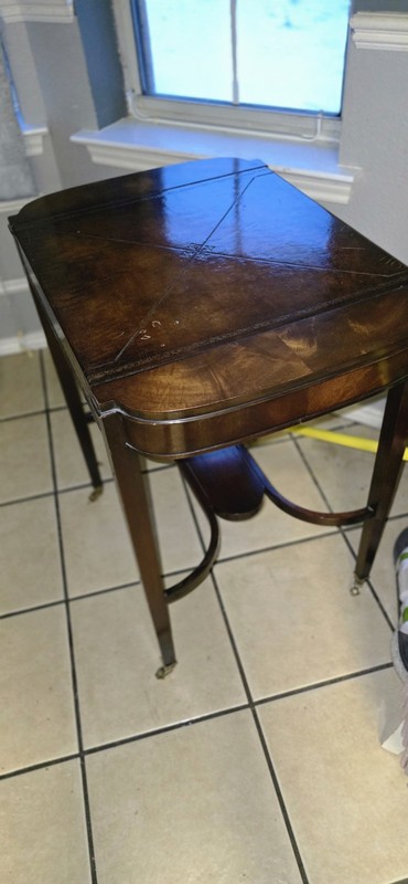 Three 1950s Tables W/ Mahogany Wood, Pressed Leather, And Brass Accents. gallery