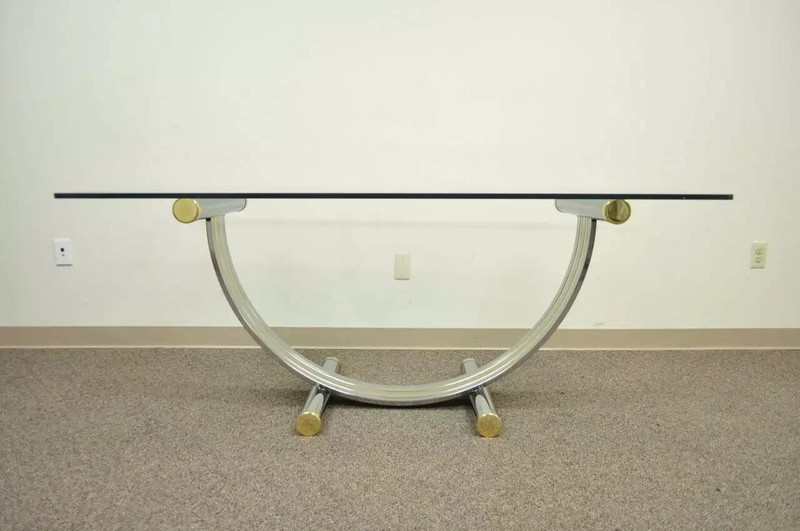 Mid Century Modern Romeo Rega Style Chrome Brass and Glass Arch Dining Table gallery