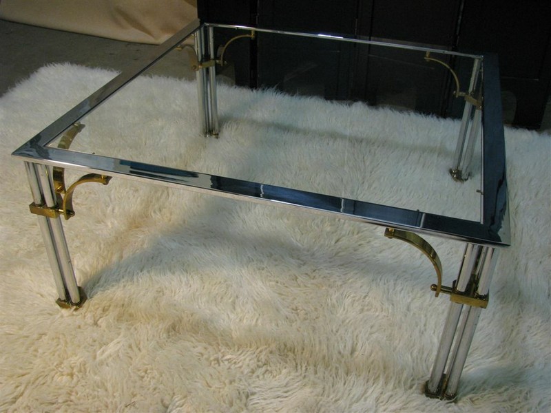 1980's Hollywood Regency Chrome, Glass & Brass Square Coffee Table gallery