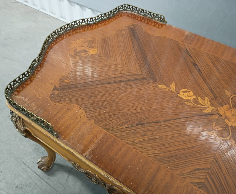 Ornate Hand Carved Wood FRENCH STYLE Inlaid Top Coffee Table with Glass Top gallery