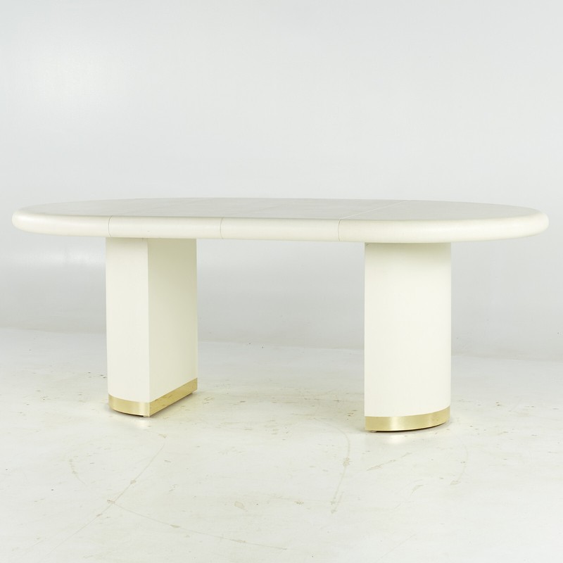 Karl Springer Style Mid Century Grass Cloth and Brass Expanding Dining Table gallery
