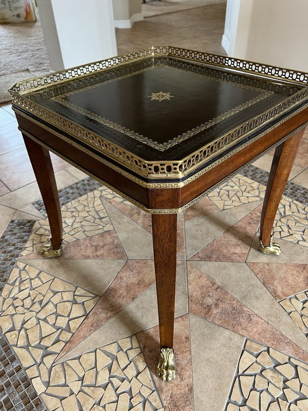 Wood Tea Table With Leather Embossed Top And Brass Trim And Feet