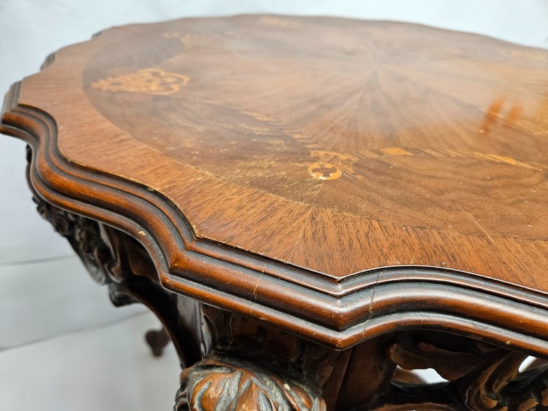 ANTIQUE Heavily Hand Carved Wood Table Coffee Breakfast Game Table 28"x29" gallery