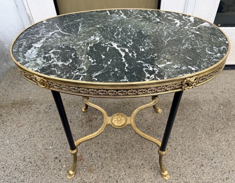French 19th C Louis XVI Bronze Oval Ormolu Verde Marble Side Table Gueridon