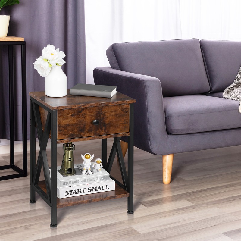 2 Set of End Tables X-Shaped Wooden Accent Sofa Side Table Drawer Open Shelf gallery
