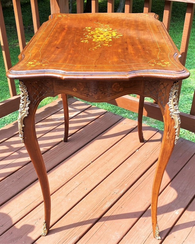 Antique French Table Floral Inlay Ormolu circa 1900 Elaborate Inlay 32 x21 x30 gallery