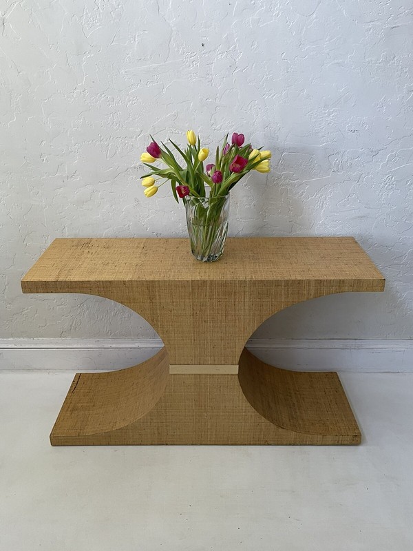 KARL SPRINGER Style Sculptural Grass Cloth Linen Brass Console Table gallery