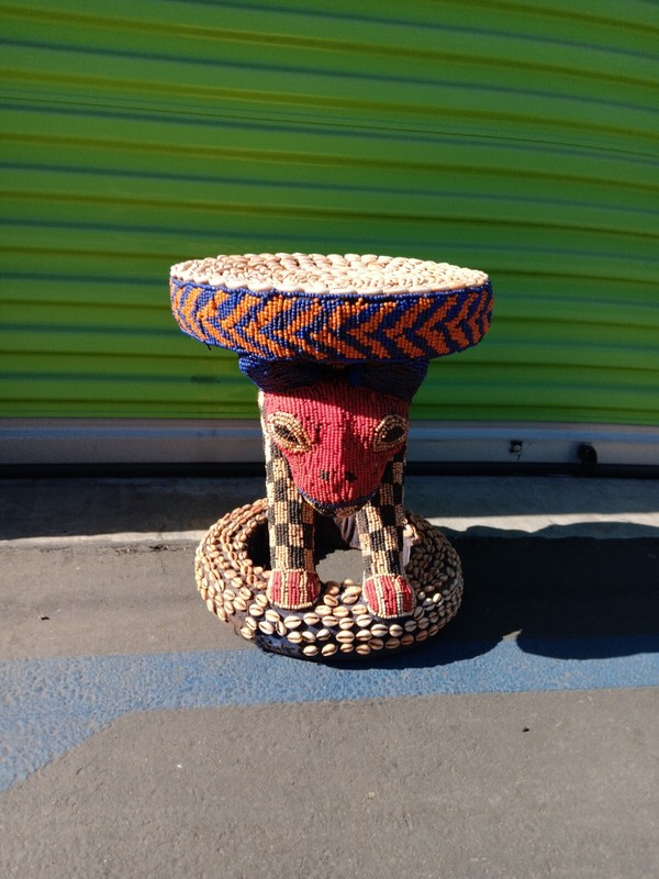 Med Nobility Beaded Wood Bamileke Throne /Table/ Stool Cameroon 14″w 18″×15″ D