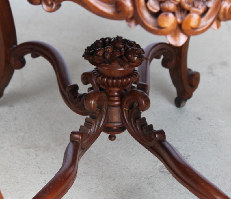 Antique Victorian Walnut Marble top Table – carved flowers in urn gallery