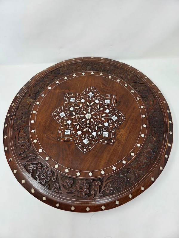 Round Inlaid Wooden Folding Accent Table Floral Carved Top Tripod Base gallery