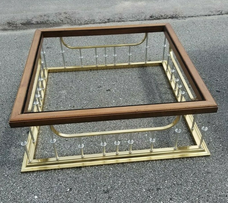 Erwin Lambeth Rare Silver Spindles Square Brass Oak Glass Coffee Table Stunning gallery