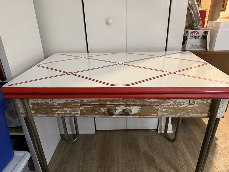 Vintage Porcelain Enamel Red And White Table With Retractable Wings gallery