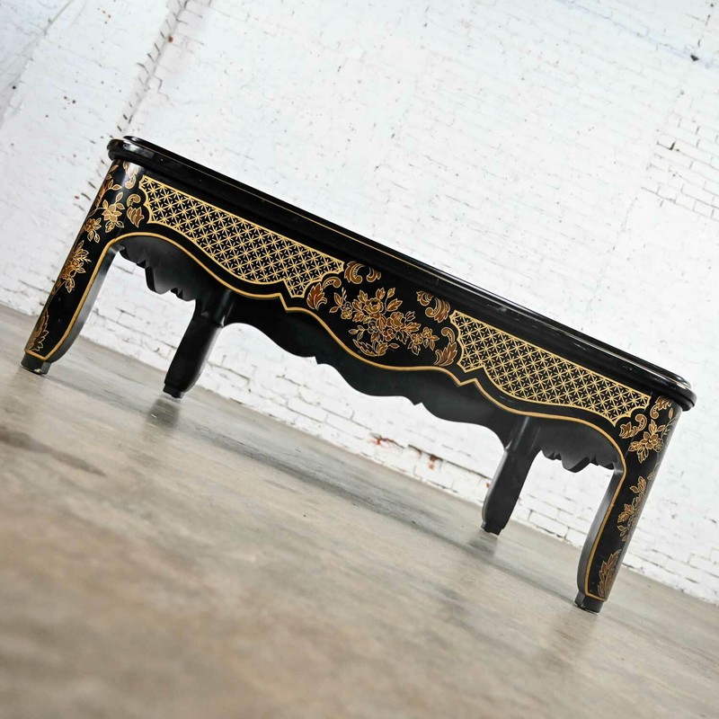 Drexel Heritage ET Cetera Collection Chinoiserie Black Gold Burl Coffee Table gallery